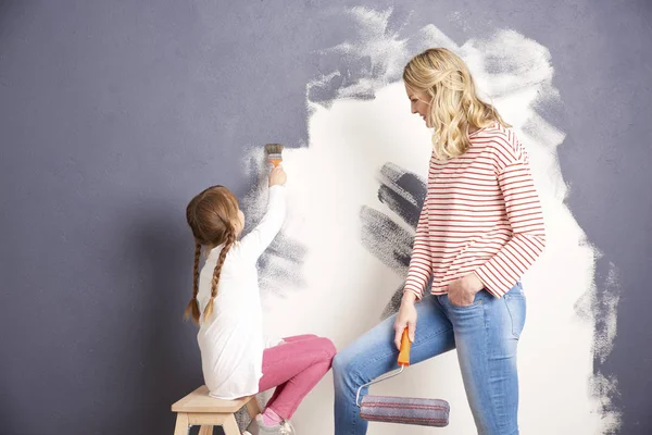 Mother and daughter painting wall