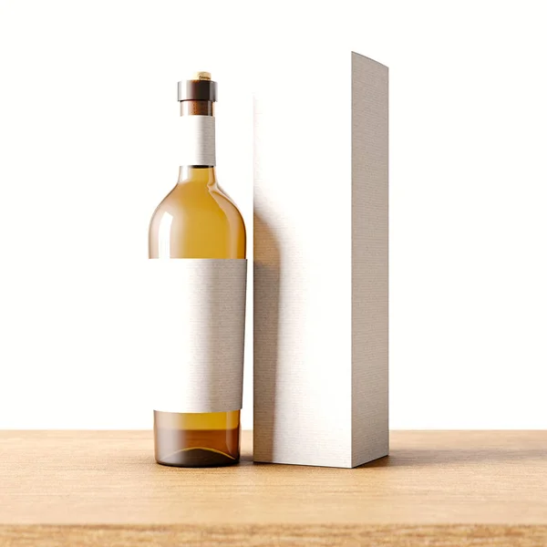 Closeup one transparent glass bottle of wine on the wooden desk, gray wall background.Empty glassy container concept with white mockup label and carton paper bag for bottles.3d rendering.