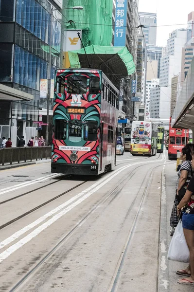 Hong Kong  October 17, 2016: Hong Kong cityscape view with double-deck Tramways, Ding Ding