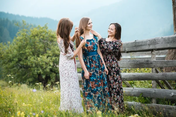Girls girlfriend dresses rest on the nature in a beautiful mountain meadow