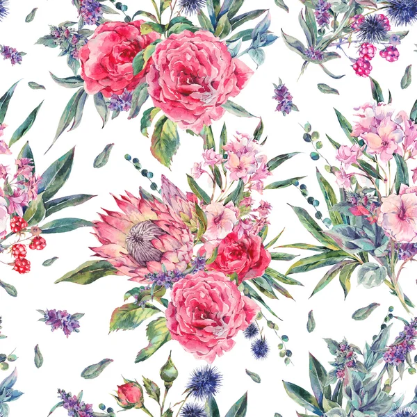 Watercolor seamless pattern with roses, protea and wildflowers