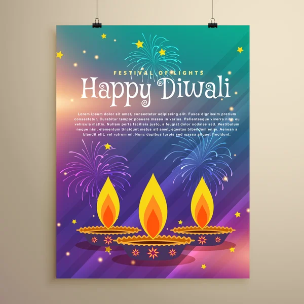 Happy diwali festival flyer greeting template with three diya an