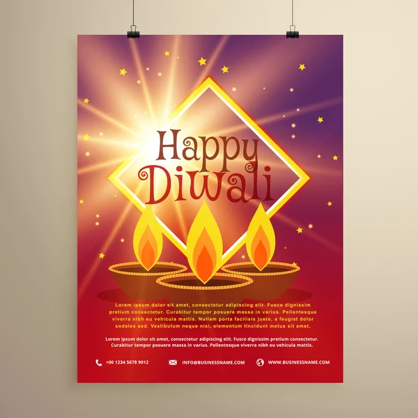 Happy diwali flyer template with glowing star and three diyas