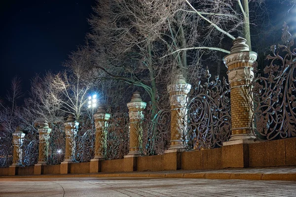 Night view of the fence of the Mikhailovsky Garden in the temple of Savior on Spilled Blood, St.Petersburg