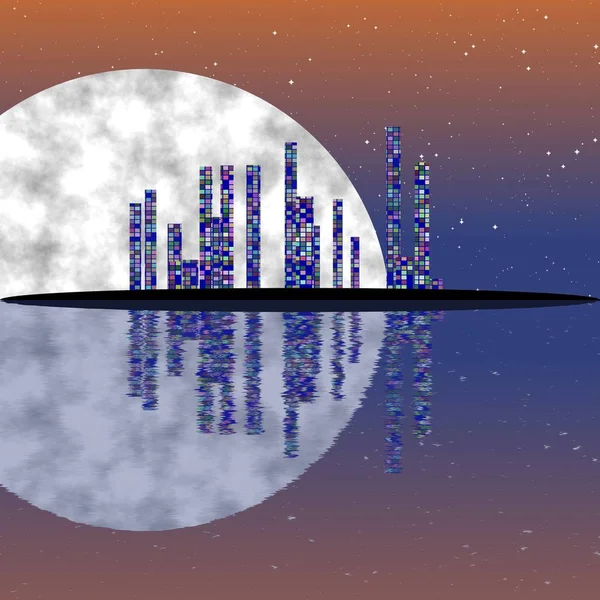 Full moon night, cityscape illustration with lighting buildings on island