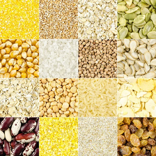 Collage of different grains and seeds for a healthy diet