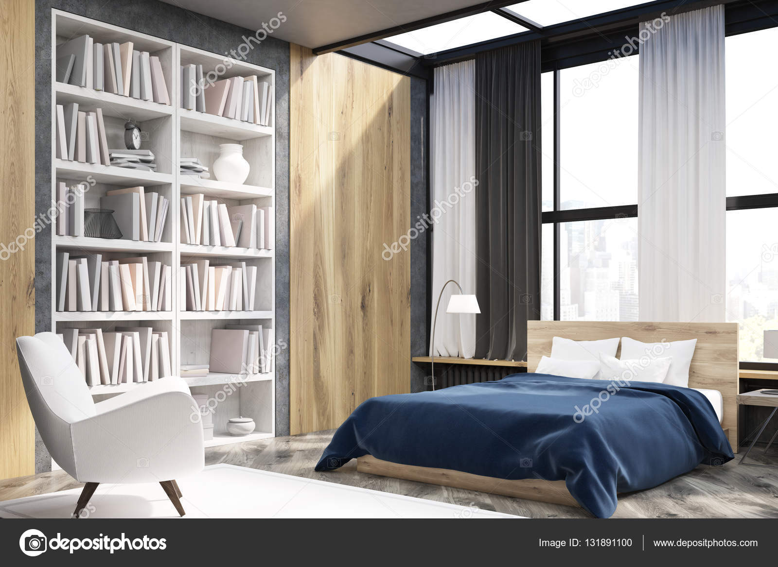 Уголок интерьер спальни с bookcase, тонированные - стоковое .