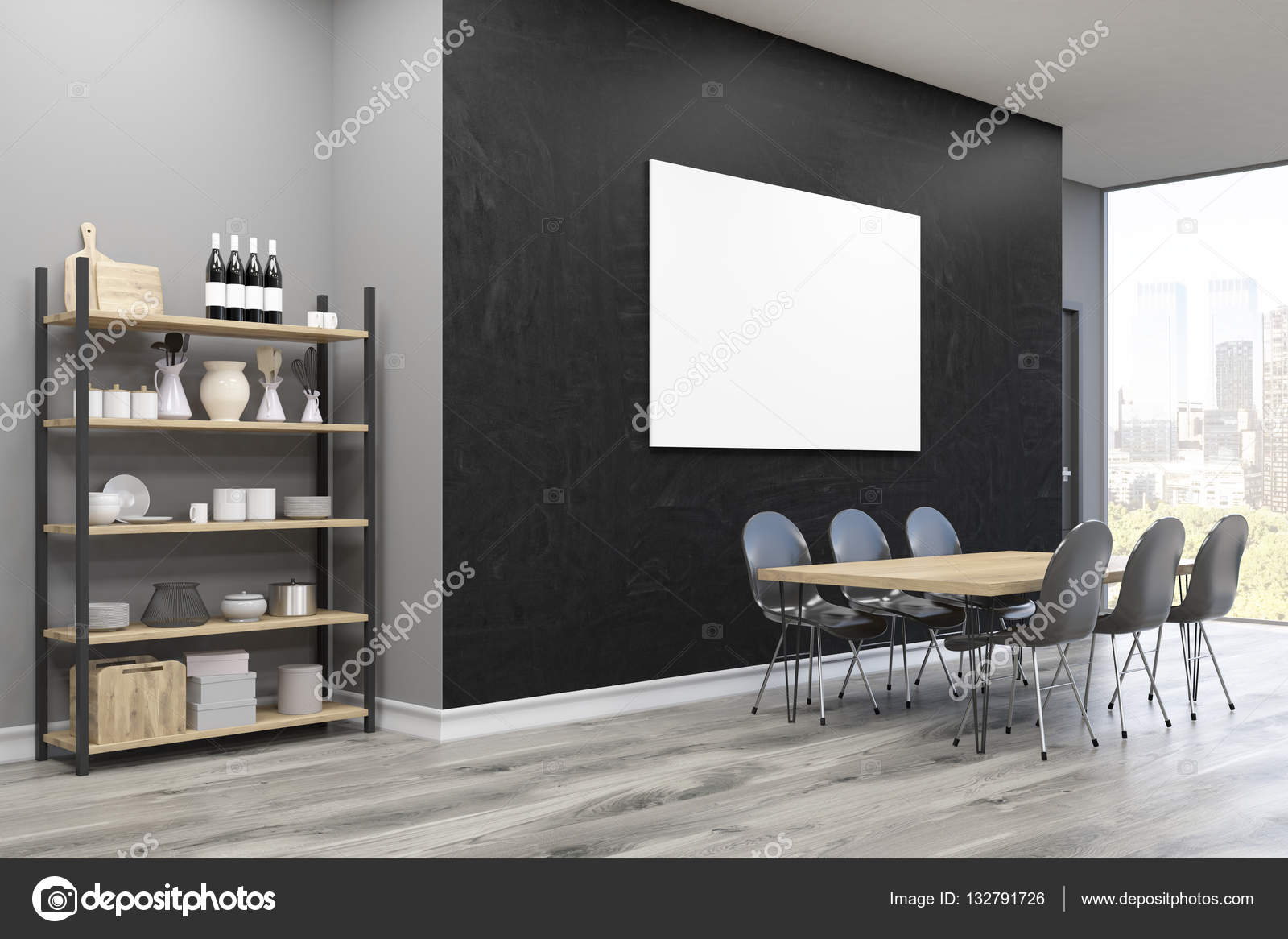 Matsalen sidovy: stor affisch och skÃ¥p — stockfotografi ...