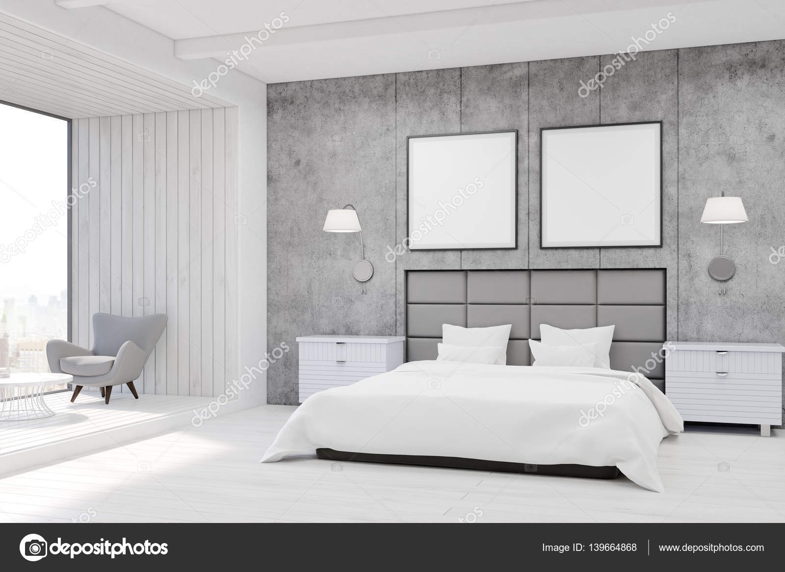 Interno camera da letto con pareti in calcestruzzo, un grande ... Camera letto uomo