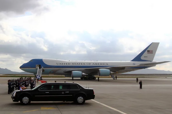 The Air Force One lands at the Athens International Airport