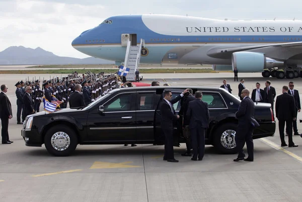 The Air Force One lands at the Athens International Airport