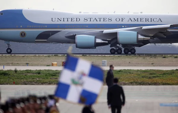 The Air Force One lands at the Athens International Airport