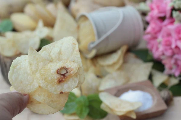 Crispy potato chips with salt and fresh potatoes