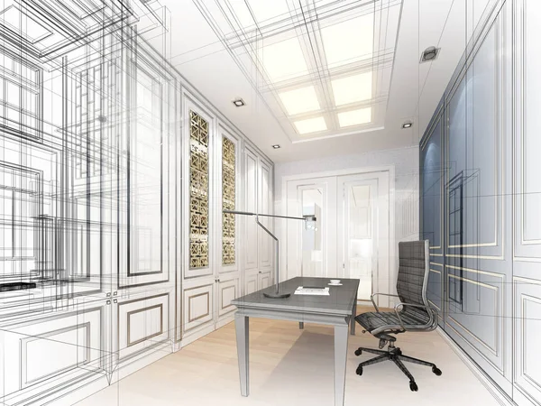 Sketch design of working room ,3dwire frame render