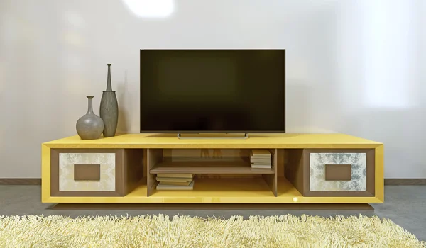 Bright yellow TV unit in modern living room.