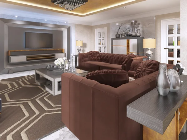 Luxurious living room in art Deco style with purple sofas.