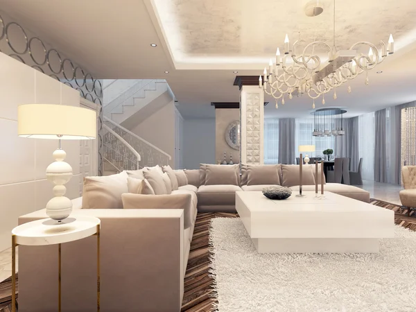 Luxury art Deco design bright living room with large corner sofa