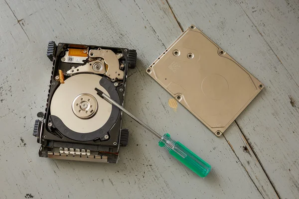 Broken and Destroyed Hard Drive Disk and Tools on Wooden Table