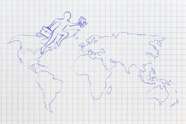 Business man jumpying across continents on map of the world