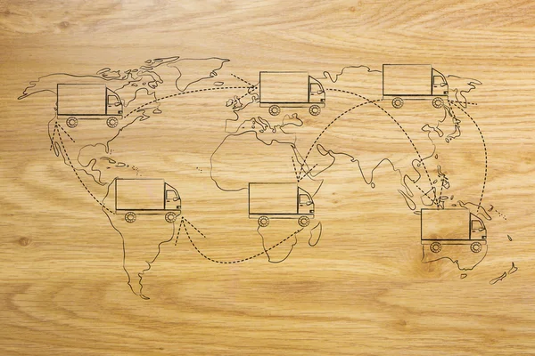Movers or delivery truck moving above map of the world