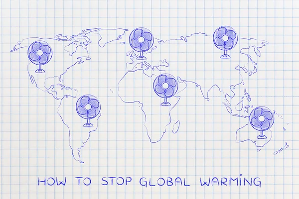 Global warming, world map with funny electric fans