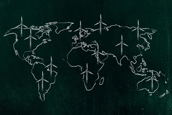 Map of the world with wind turbine all over, green economy