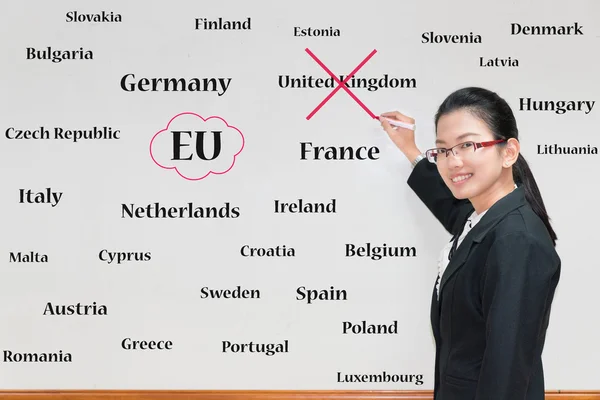 Asian woman writing European Union Countries in whiteboard with