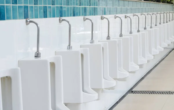 Row urinals in public toilet.