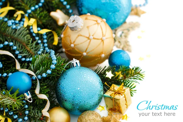 Turquoise and golden Christmas ornaments border