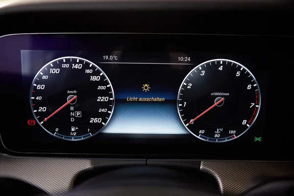 Modern car speedometer. Close up shot of the dashboard
