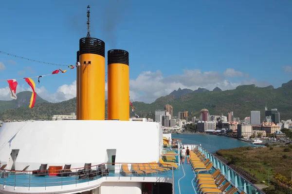 Deck of cruise liner on parking in port. Port Louis, Mauritius