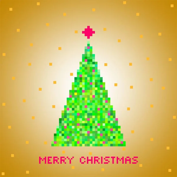 Gold Christmas greeting from green Christmas tree of green pixels, small green squares with red squares with red star and snow on a gold square and red lettering Merry Christmas