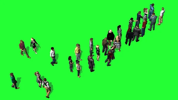 People standing in the row - top view on green screen