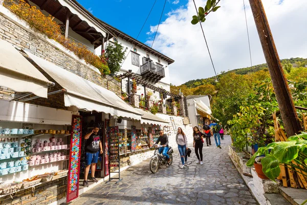 Street and shops view at Makrinitsa village of Pelion, Greece