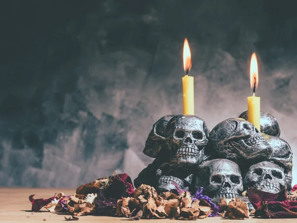 Skulls with candle burning and dried flowers on dark background.