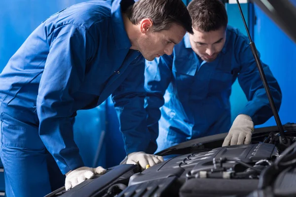 Professional mechanics discussing break out in car engine