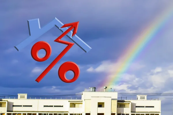 Red percent sign on the background of the house and rainbow .