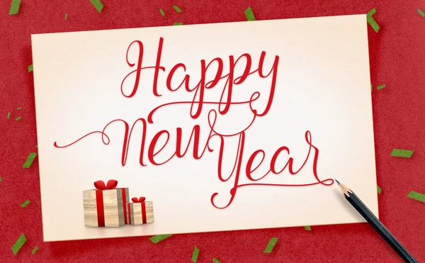 Happy new year word on old vintage paper craft with present and