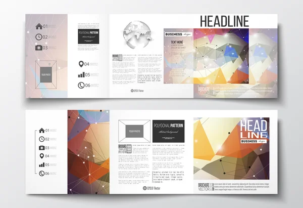 Set of tri-fold brochures, square design templates. Molecular construction with connected lines and dots, scientific pattern on abstract colorful polygonal background, modern triangle vector texture