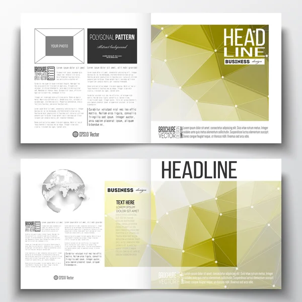 Set of annual report business templates for brochure, magazine, flyer or booklet. Molecular construction with connected lines and dots, abstract yellow polygonal background, triangular vector texture