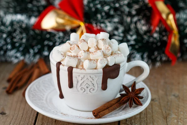Hot chocolate with marshmallows in a white Cup. Christmas. New year. Soft focus