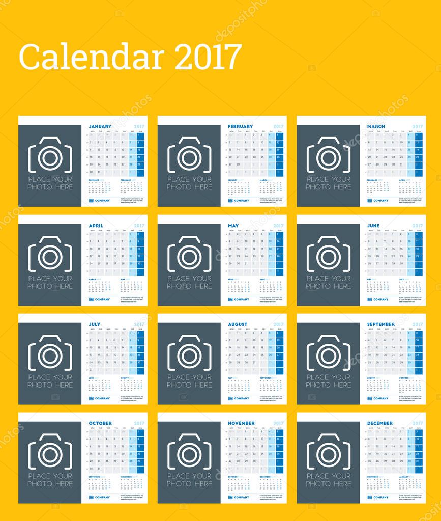 2017 年のデスク カレンダー テンプレートです。月曜始まり。12 月のセット。写真、ロゴ、および連絡先情報のための場所します。ひな形のデザイン。