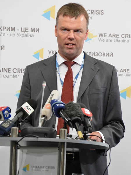 KYIV, UKRAINE - OCTOBER 24, 2016: Alexander Hug, Deputy Chief Monitor of the OSCE SMM in Ukraine reads a report of the current state in the occupied territory of Ukraine at a press briefing