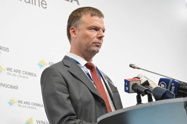 KYIV, UKRAINE - OCTOBER 24, 2016: Alexander Hug, Deputy Chief Monitor of the OSCE SMM in Ukraine reads a report of the current state in the occupied territory of Ukraine at a press briefing