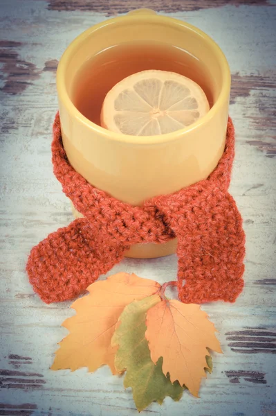 Vintage photo, Cup of tea with lemon wrapped woolen scarf and autumnal leaves