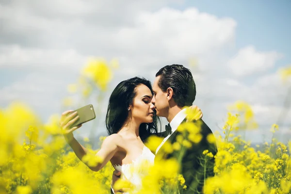 Wedding couple kiss in field yellow flowers