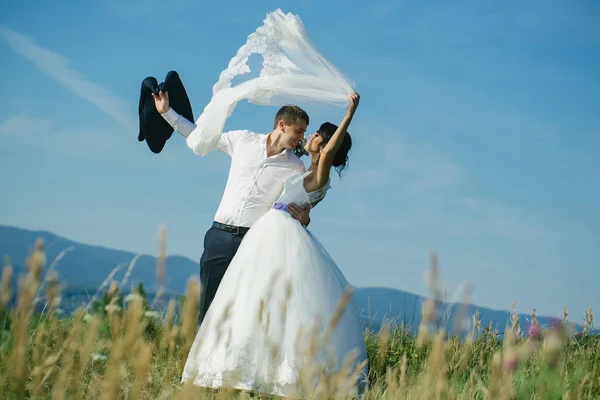 Groom and bride summer field