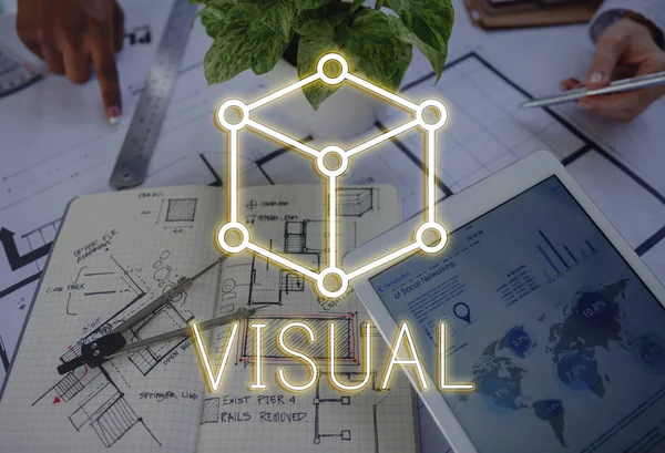 Workplace table with architect blueprints