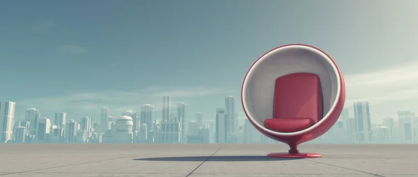 A red chair on background of city