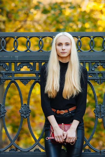 Young stylish sporty blond beautiful teen girl in black posing at park on a warm golden fall day against iron fence blurred yellow foliage background. Teen urban city outfit. Film saturated color.